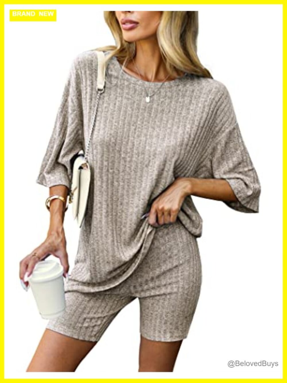 Ribbed Knit 2 Piece Lounge Set Oversized Shirt Biker Shorts